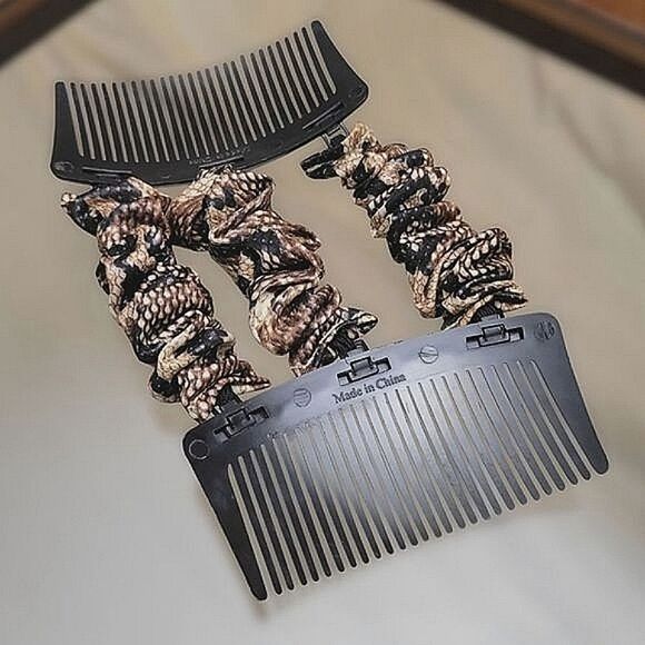 Vtg Y2K brown snake print double comb faux silk scrunchie hair fastener - Picture 4 of 7